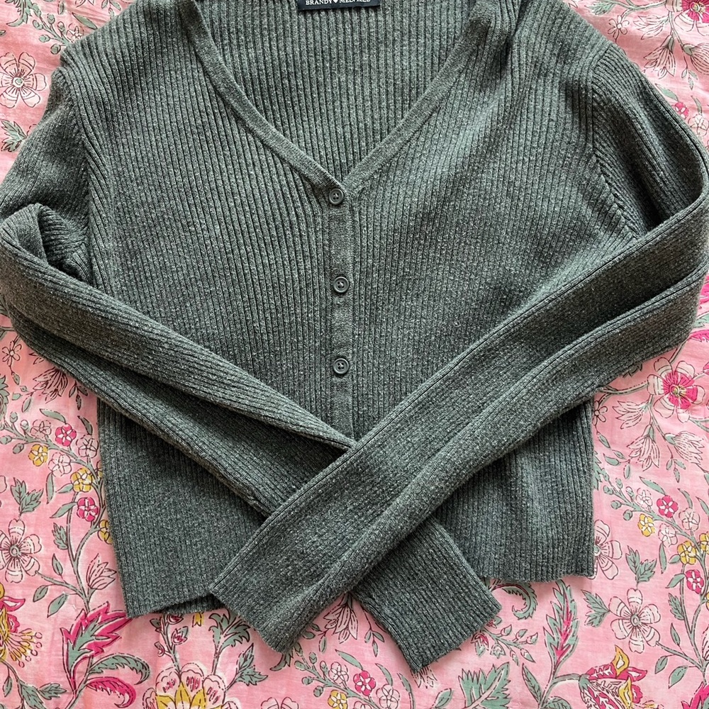 Brandy Melville Gray V-Neck Sweater Ribbed Knit Casual